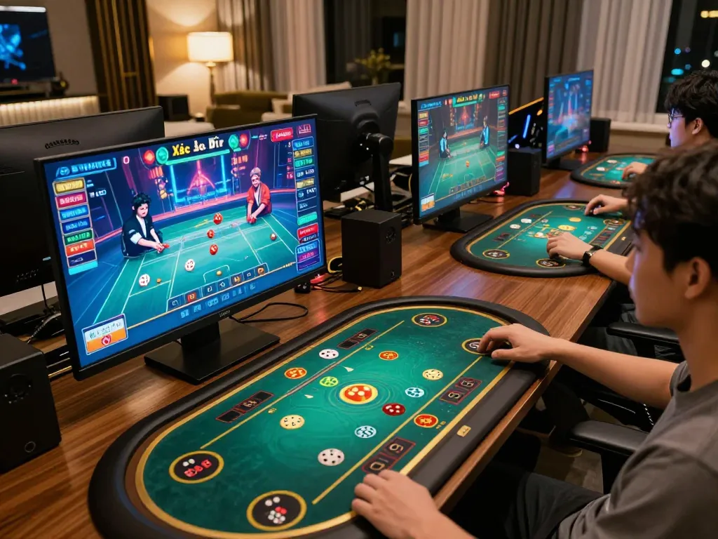 Xóc đĩa gameplay in an upscale online gambling setup, showcasing animated dice and player engagement