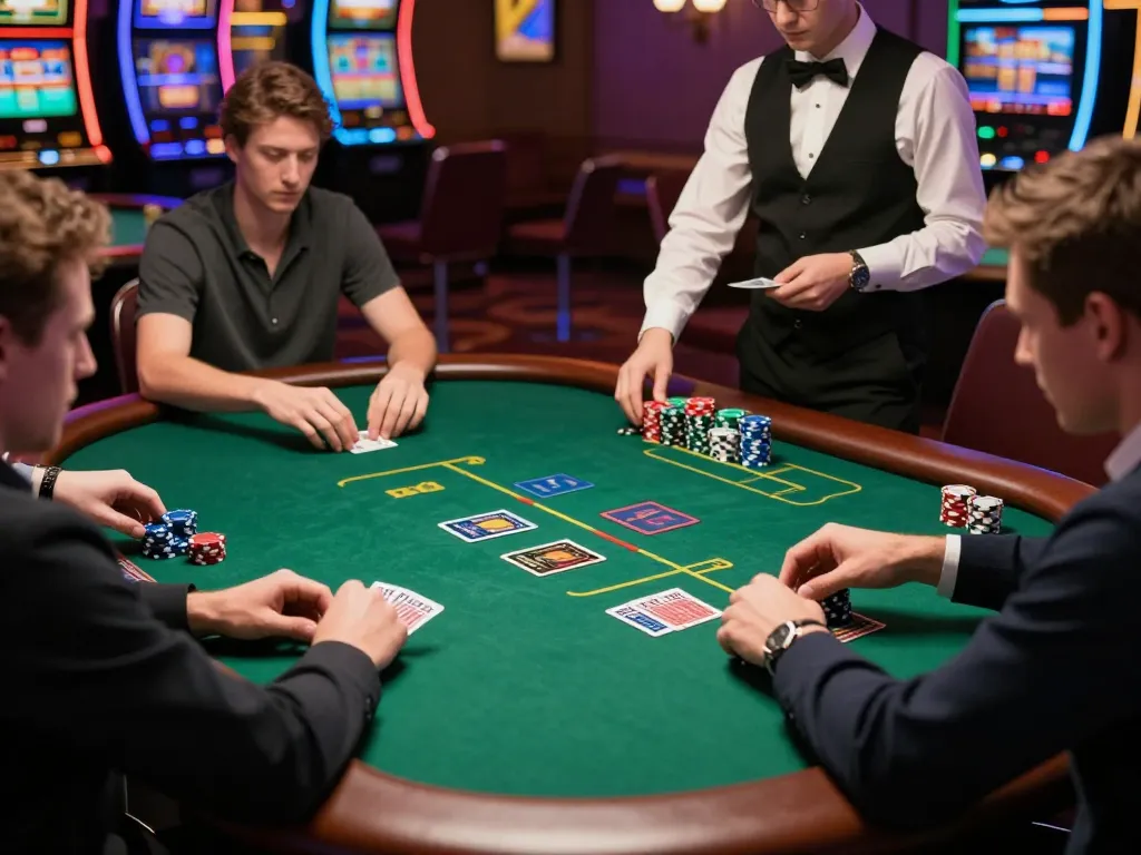 Players at an upscale poker table engaging in strategic gameplay at a casino, featuring the keyword m122 in the bet.