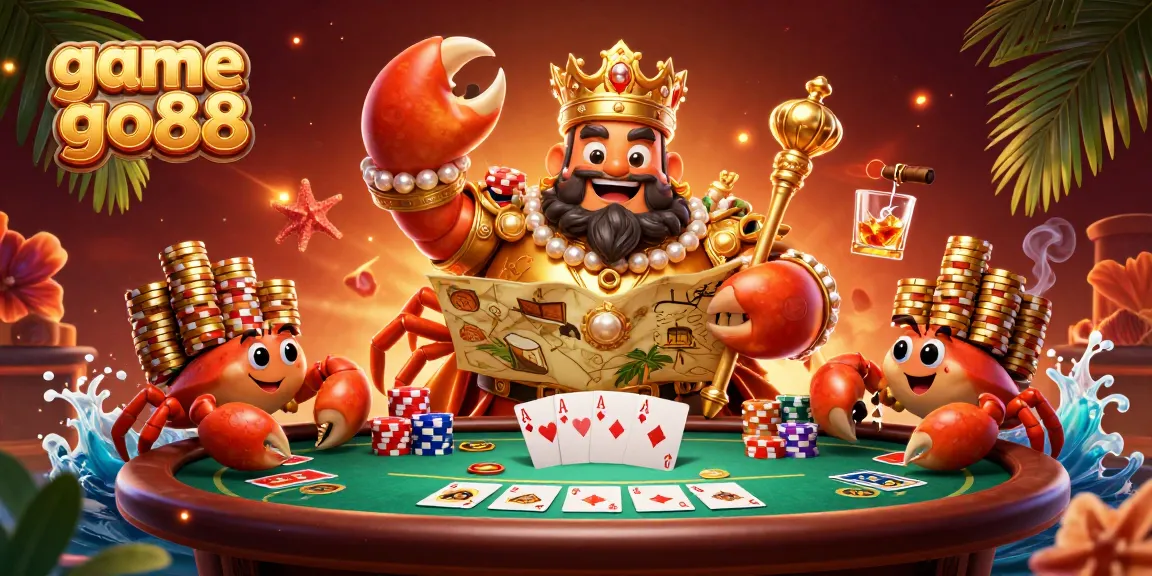 Engage with game go88 in this vibrant illustration showcasing a golden crab emperor amidst a rich casino scene.