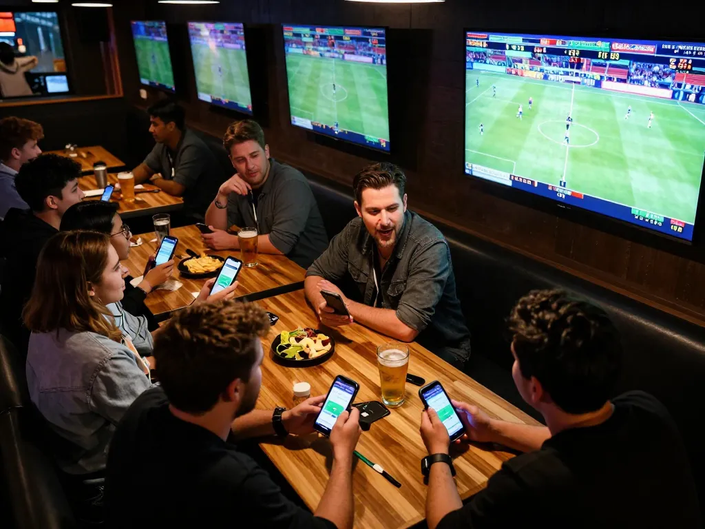 Engaged friends placing bets on game bài 22bet via smartphone during a live sports event.