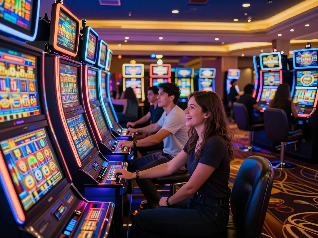 Pemain berinteraksi dengan mesin slot yang penuh warna, menunjukkan permainan dinamis di tengah lingkungan kasino yang diterangi
