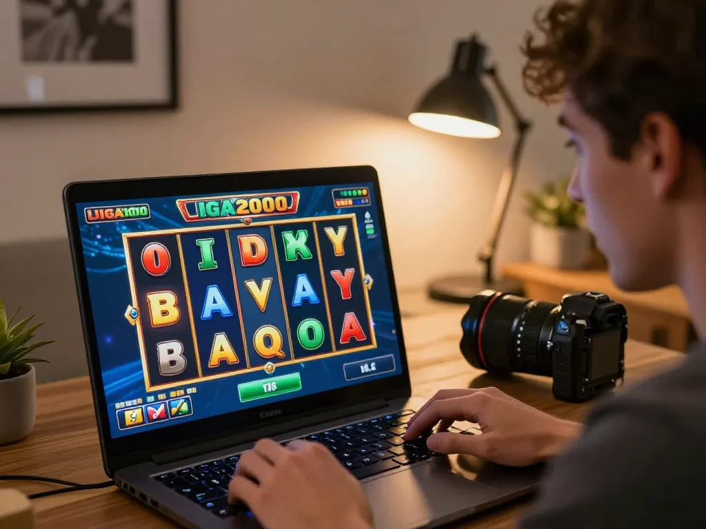 LIGA2000 online slots gameplay showcasing vibrant reels and an excited player at home