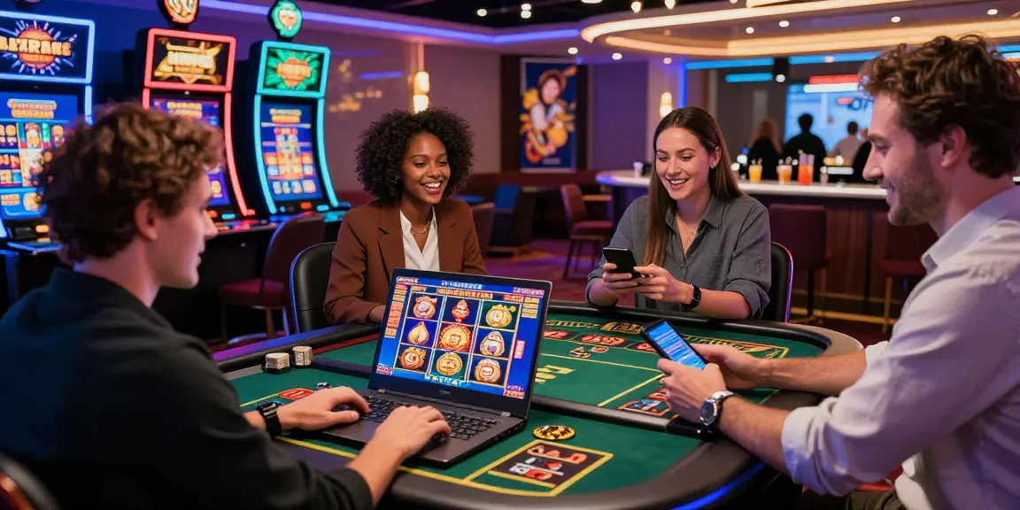 Players enjoying the excitement of credit card casinos at https://dea.org.uk, engaging with games on laptops and smartphones amidst a vibrant atmosphere.