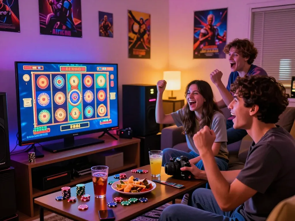 Teman-teman menikmati malam permainan yang meriah dengan poka94, bermain permainan slot online yang mendebarkan dalam suasana yang nyaman penuh dengan camilan dan tawa.