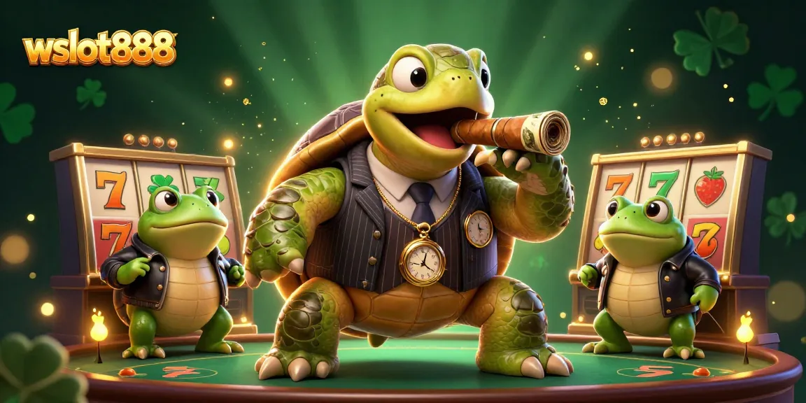 Aksi menarik di wslot888 dengan penyu besar berkostum mobster dan bullfrog penjaga sambil menikmati suasana mesin slot yang ceria.
