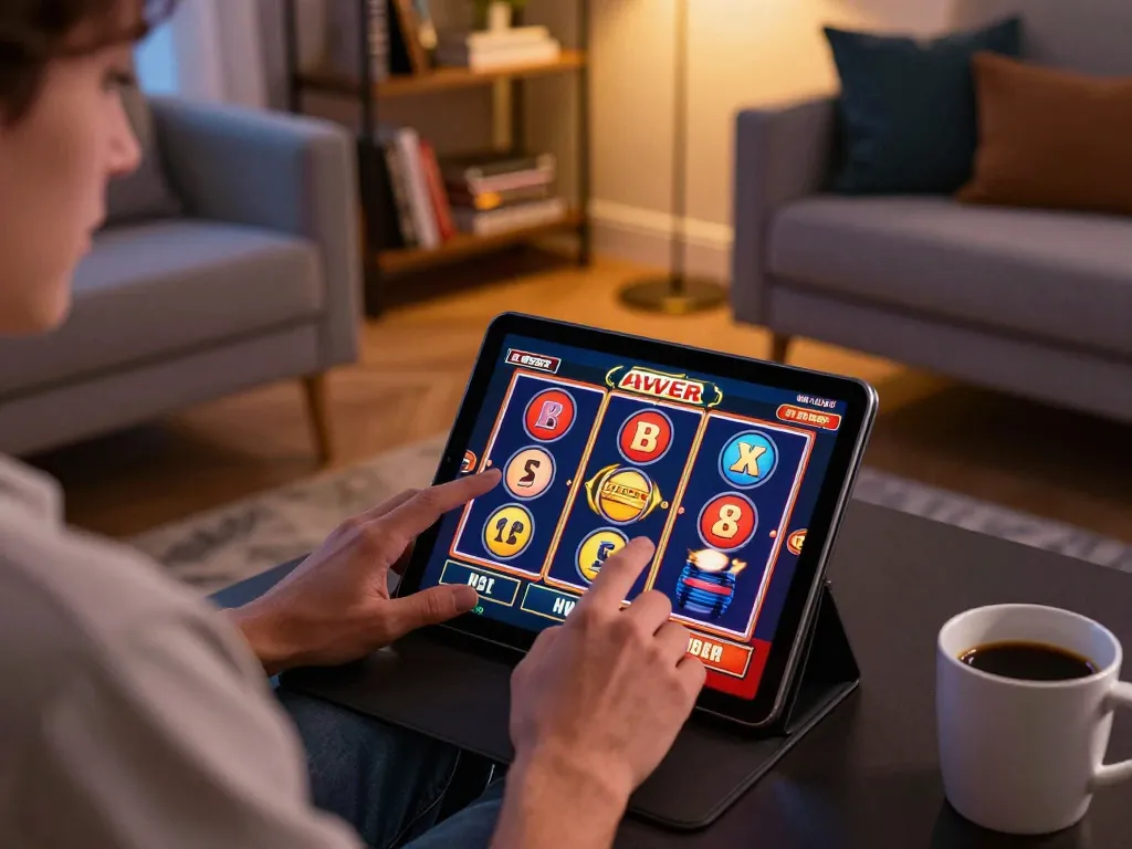 Engaged player exploring God55 slots on a tablet in a cozy home setup, showcasing modern gaming details.