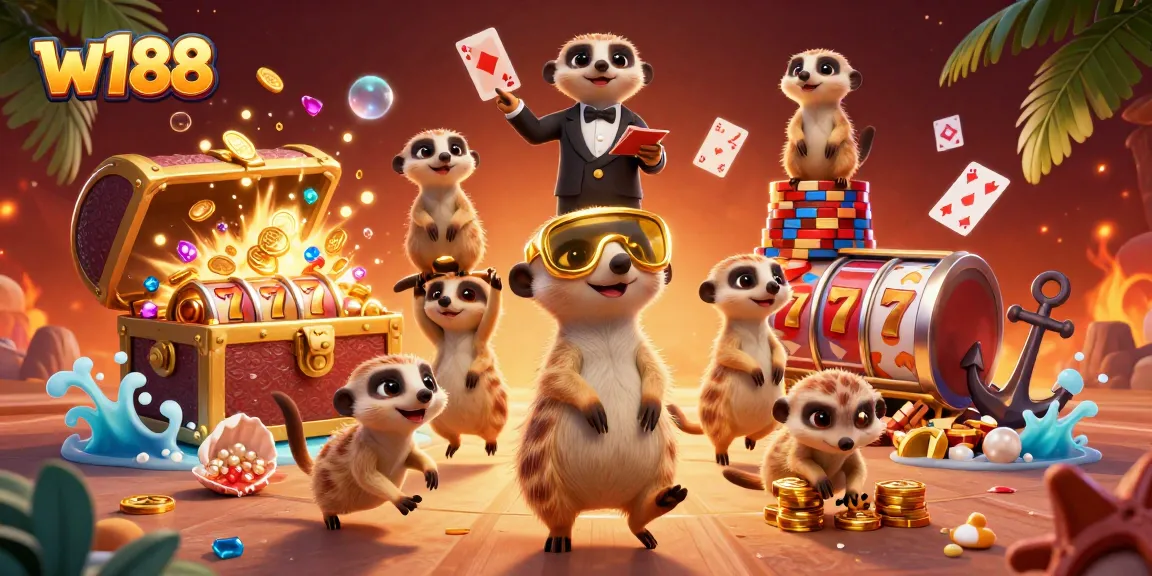 w188 showcases an exciting casino scene with meerkats, spinning slot reels, and gold treasures.