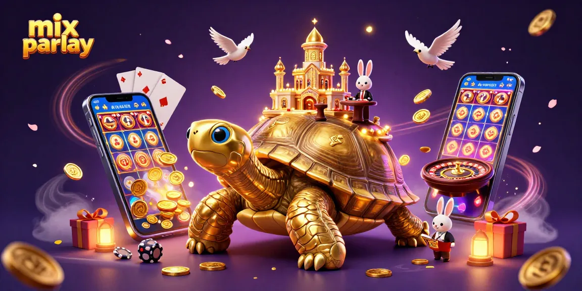 Experience mix parlay betting with a dynamic 3D casino scene featuring a golden tortoise, rabbit dealer, and flying coins.