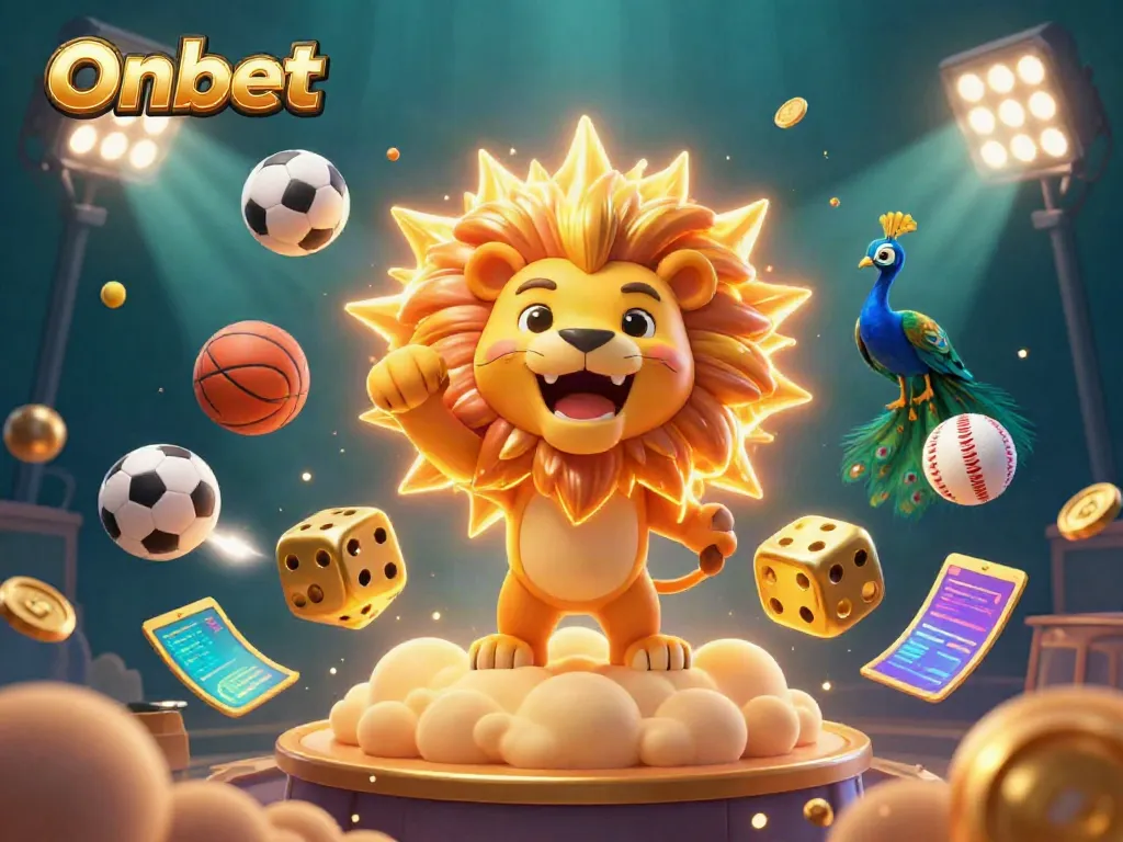 Join the action at Onbet with a vibrant 3D casino scene featuring a golden lion, dice, and dynamic sports elements.