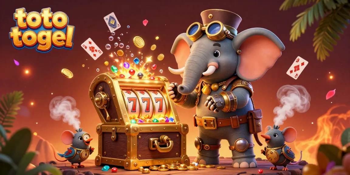 Experience thrilling toto togel gameplay with a dynamic steampunk elephant engineer and vibrant gaming elements.