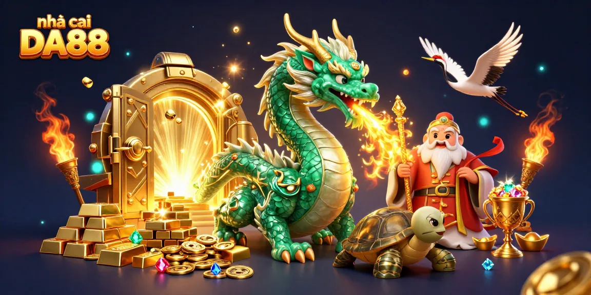 Experience excitement with nhà cái DA88, featuring a vibrant dragon, turtle sage, and lucky cranes in a casino-themed scene.