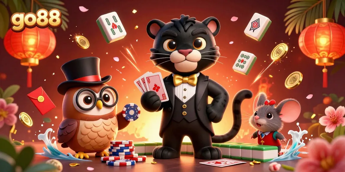 Experience thrilling casino action with go88, featuring a stylish panther dealing cards amidst colorful game elements.