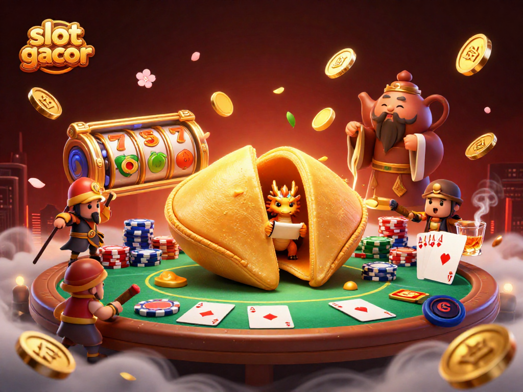 Experience slot gacor with vibrant fortune symbols surrounded by poker elements and a gorgeous illustration.