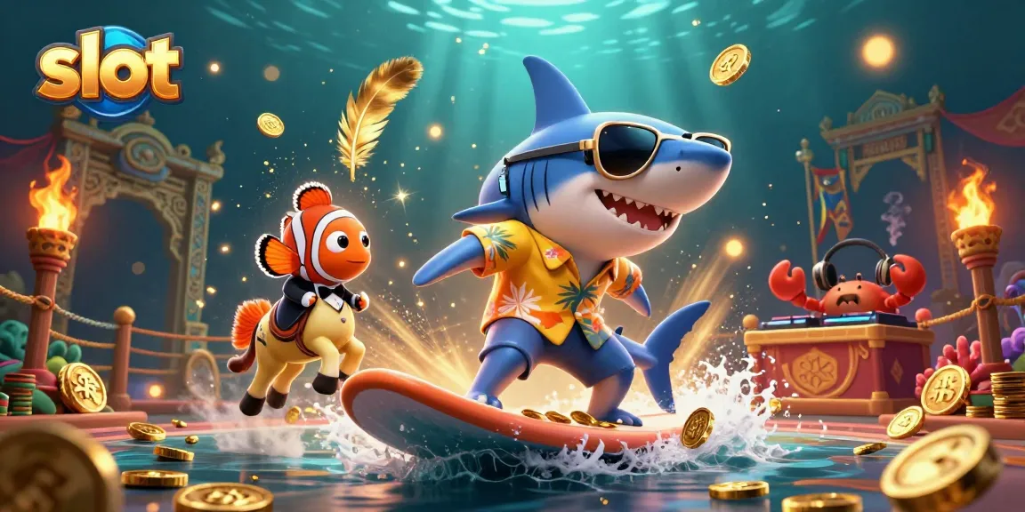 Slot menarik dengan hiu kartun 3D dan elemen kasino menari dalam lautan koin emas.