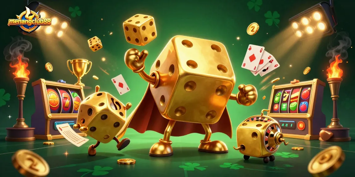 Experience excitement with menangclub88 in a vibrant casino scene with dice and slot machines.