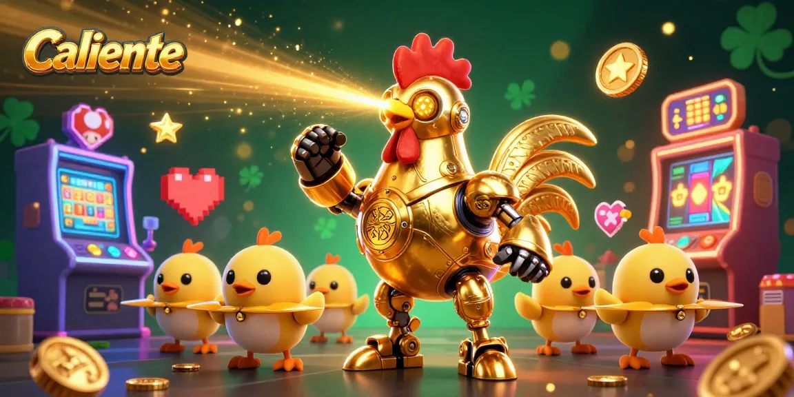 Caliente's vibrant casino scene featuring a golden rooster robot engaging players with dynamic game action.