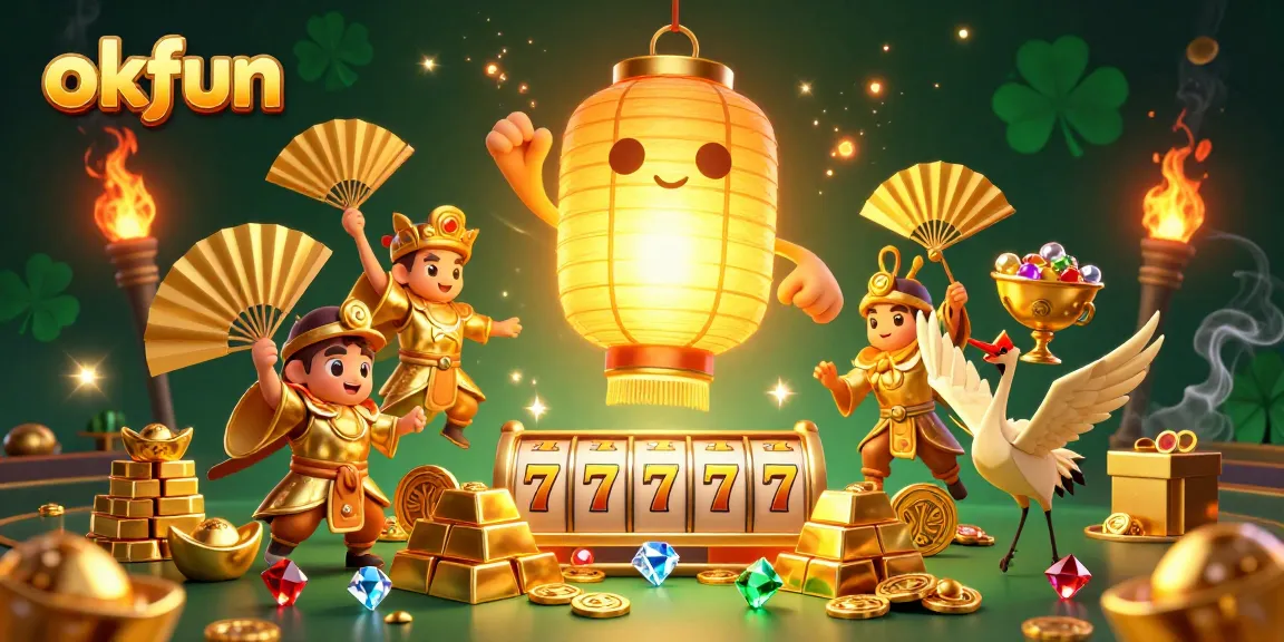 Engage with okfun at this vibrant casino scene featuring golden lantern spirit and lucky symbols.