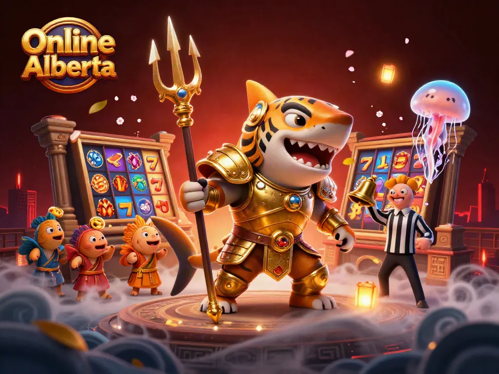 Engage in exciting gameplay at Online Casino Alberta with vibrant slot reels and a dynamic underwater battle.