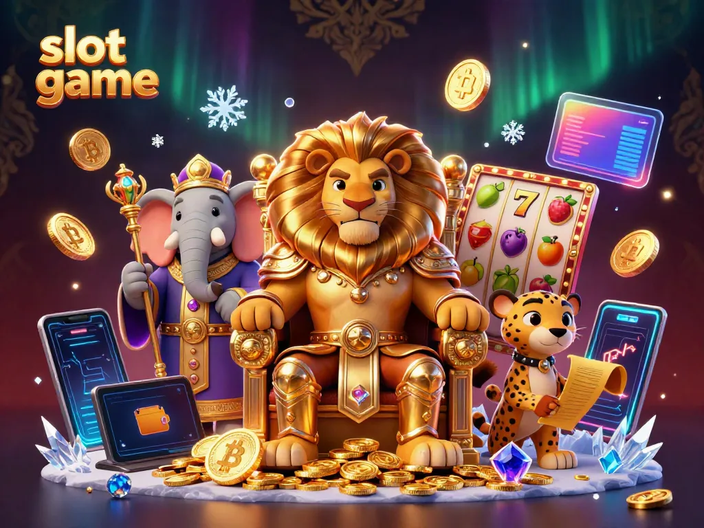 Experience thrilling slot game action with fierce characters and dazzling casino elements in this 3D illustration.