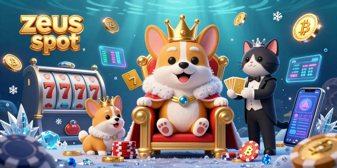 Experience the exciting zeus slot game with animated corgis and glowing crypto coins in this vibrant illustration.