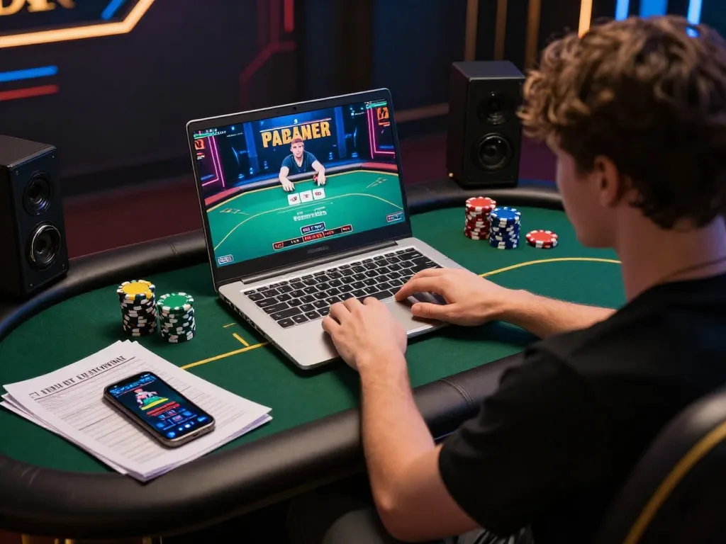 CasinoAtlas showcases a player deeply engaged in online poker gameplay, highlighting responsible gaming practices.