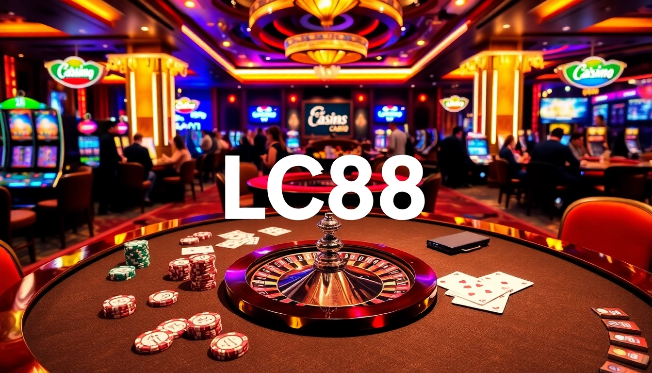 Experience thrilling gameplay at LC88's vibrant casino, featuring luxurious tables and enthusiastic players.
