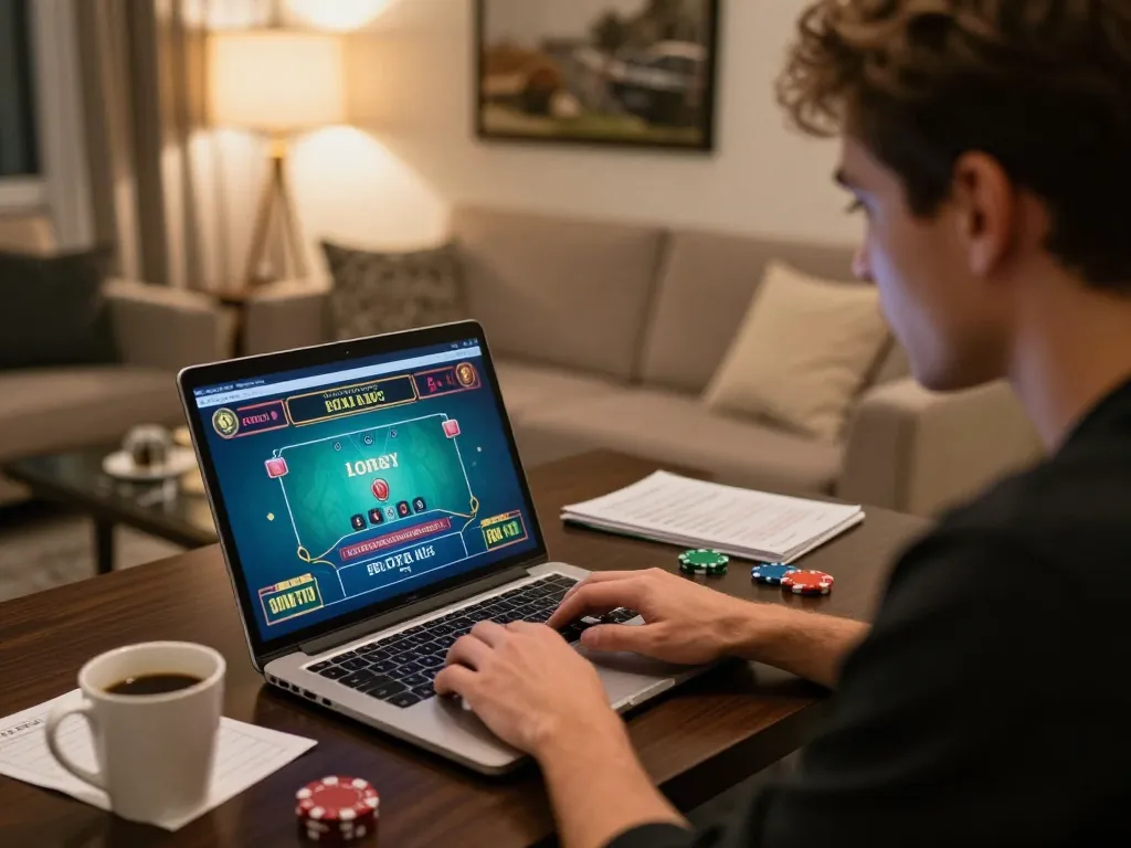 Player immerses in online blackjack at a trusted casino, focusing on strategy and winning moves.
