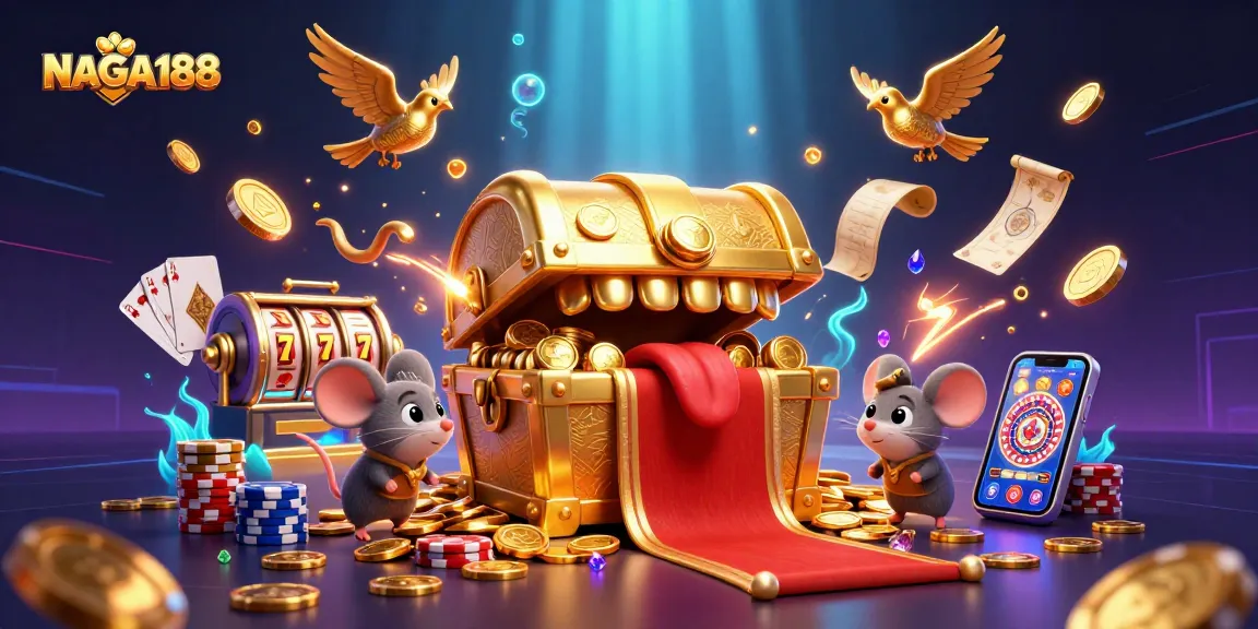 NAGA188 menghadirkan ilustrasi kasino 3D menarik dengan elemen mesin slot dan kartu poker berharga.