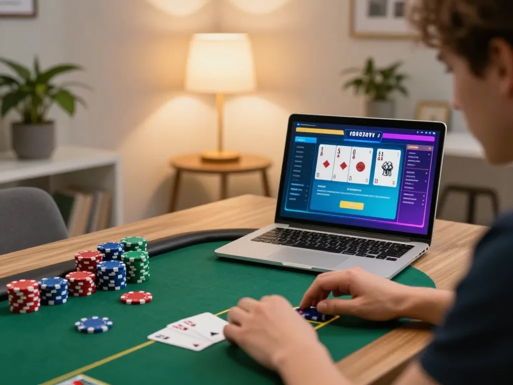 spinadvisor engages in an online poker game with vibrant digital interface in a cozy home setting