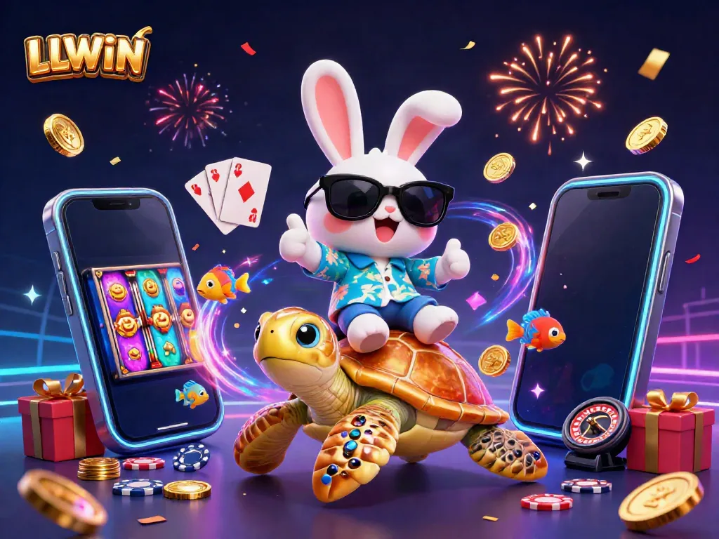 Engage with LLWIN's vibrant casino world, featuring a lucky rabbit and sea turtle amidst slot games and confetti.