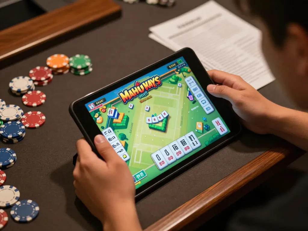 Player enjoying slot mahjong on a tablet, showcasing strategic gameplay and betting excitement.