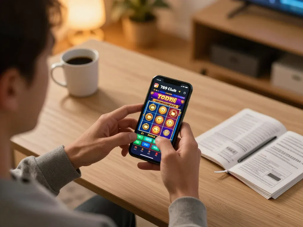 Player enjoying a thrilling moment on the 789 club app, preparing to spin the slots in a cozy home setting.