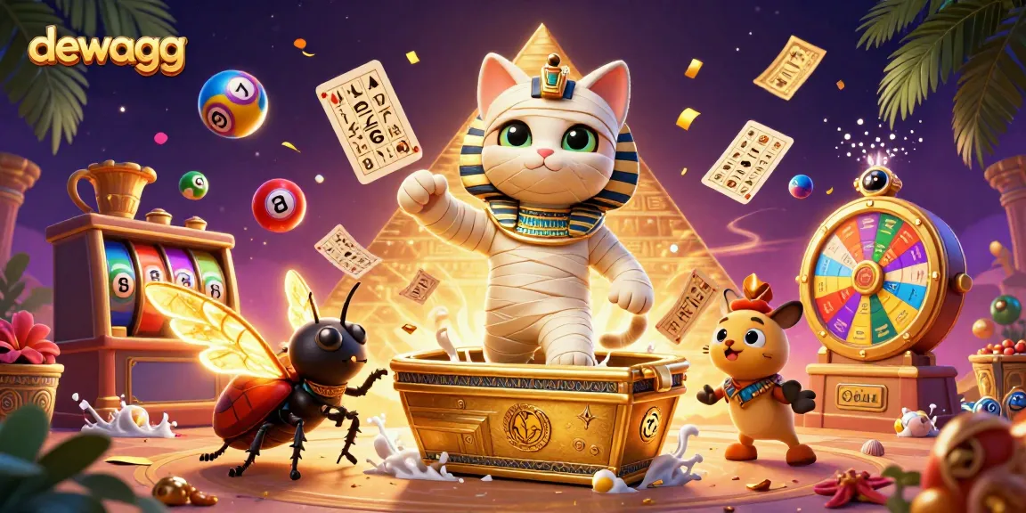 Experience exhilarating gameplay with dewagg, featuring a cartoon Egyptian mummy cat in a vibrant casino setting.