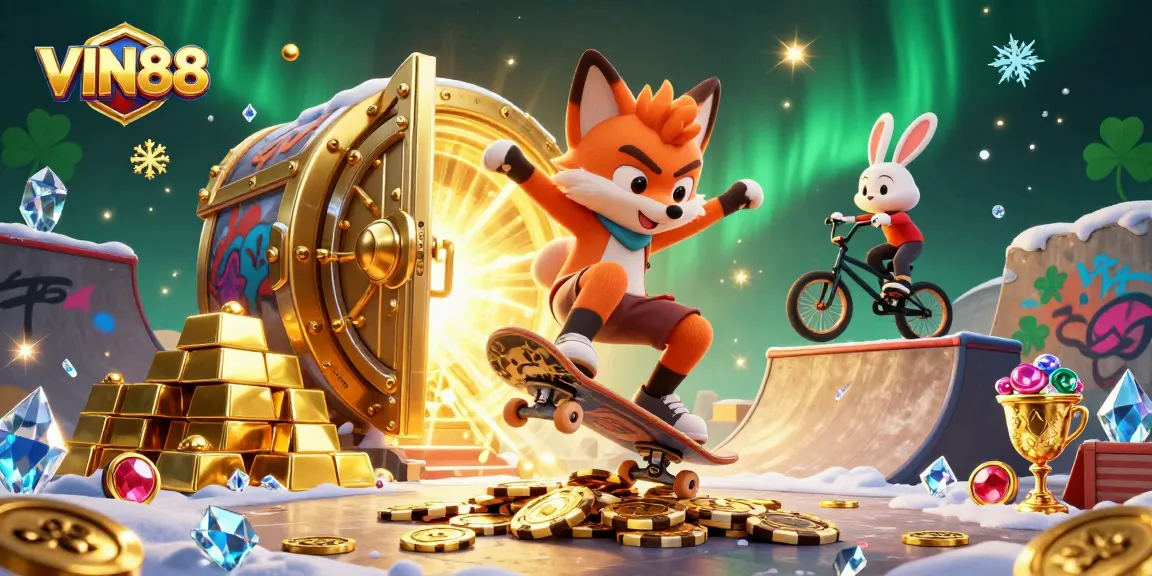 Experience the excitement with VIN88 at this vibrant casino-themed illustration.