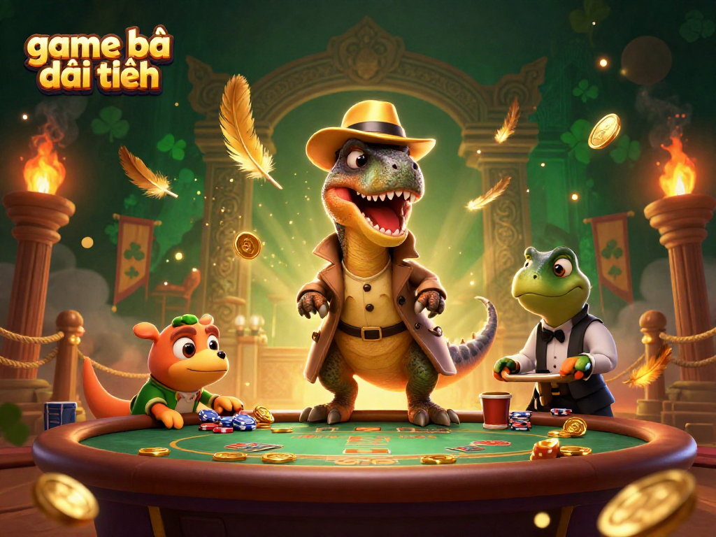 Engage in game bài đổi thưởng with a velociraptor card counter, stegosaurus pit boss, and compy pickpocket at a vibrant casino.