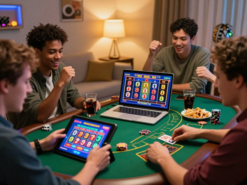Engaging scene of players enjoying USA casinos for UK player on various devices in a cozy home environment.