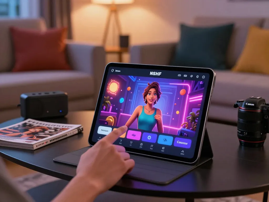 Engaging with NSFW AI character on a tablet in a stylish living room.