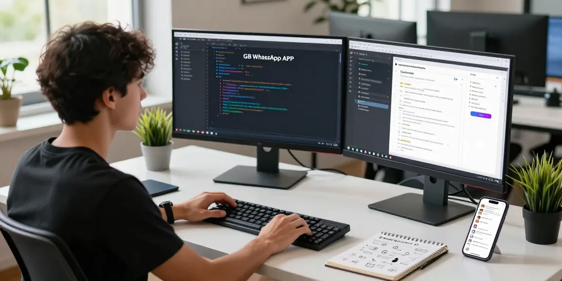 Developing GB WhatsApp APK in a modern software workspace with dual monitors and creative tools.