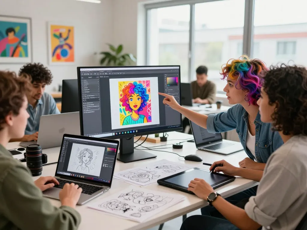 Team of designers using Nano Banana 2 AI image editor in a vibrant creative workspace.