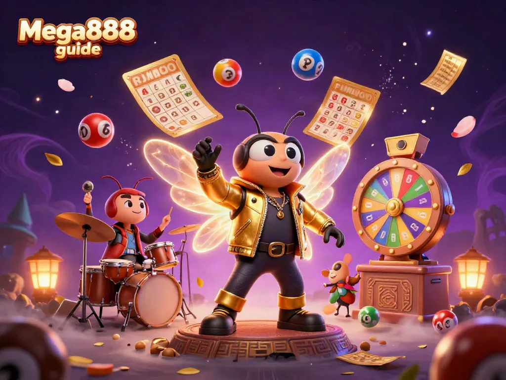 Win big with the Mega888 guide featuring vibrant casino action and animated characters.