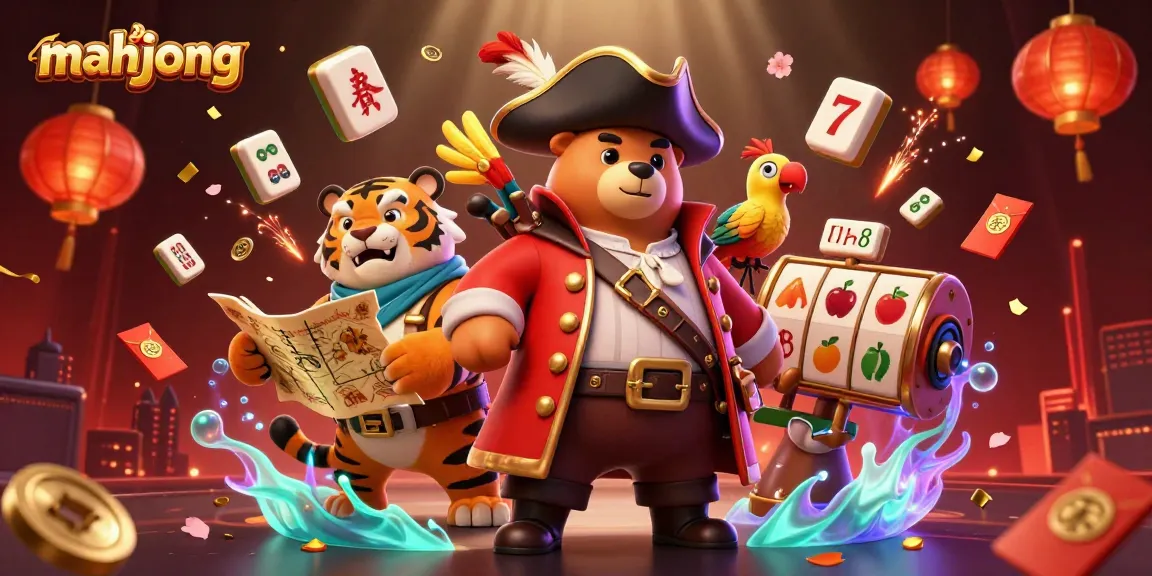 Experience mahjong excitement with vibrant 3D characters amidst glowing casino elements.