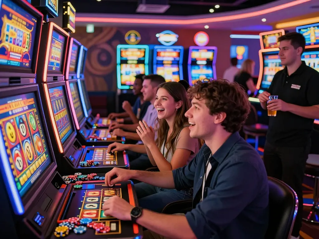 Excited players enjoying slot gacor gaming at a vibrant casino in 2026, showcasing colorful machines and joyful atmosphere.