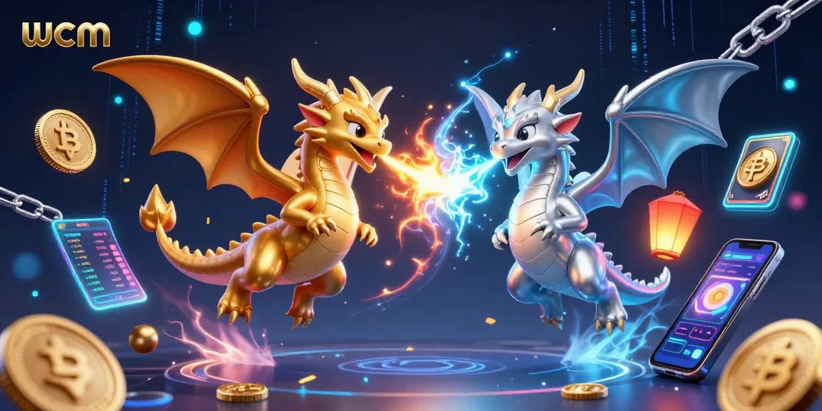 Engage in exciting gambling with wcm's vibrant 3D illustration featuring twin dragons and crypto elements.