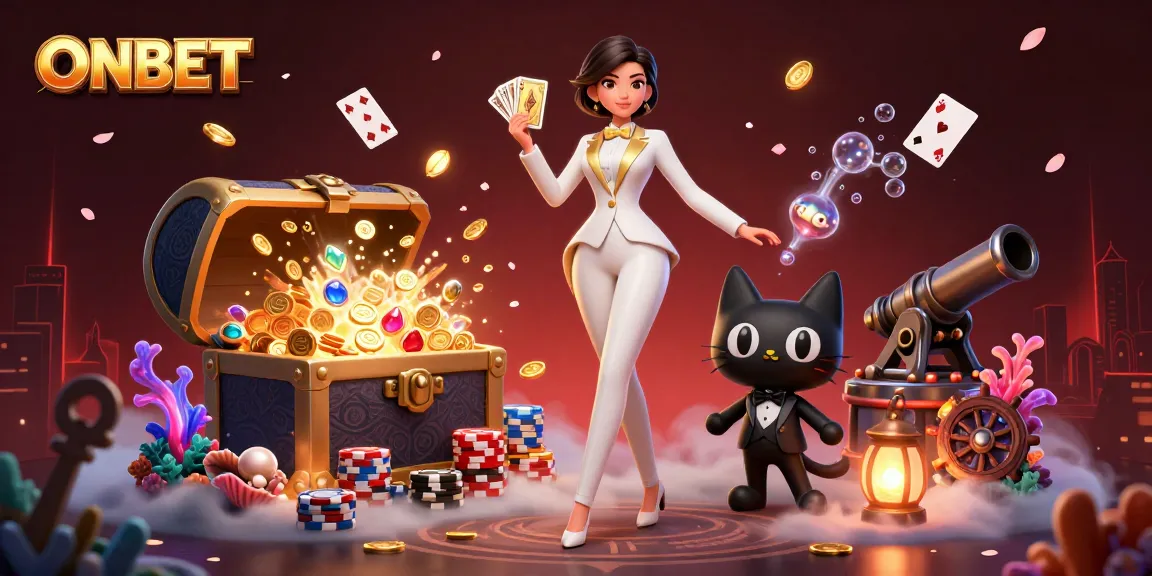 Experience the excitement of ONBET with a glamorous woman shuffling cards, surrounded by vibrant gaming elements.
