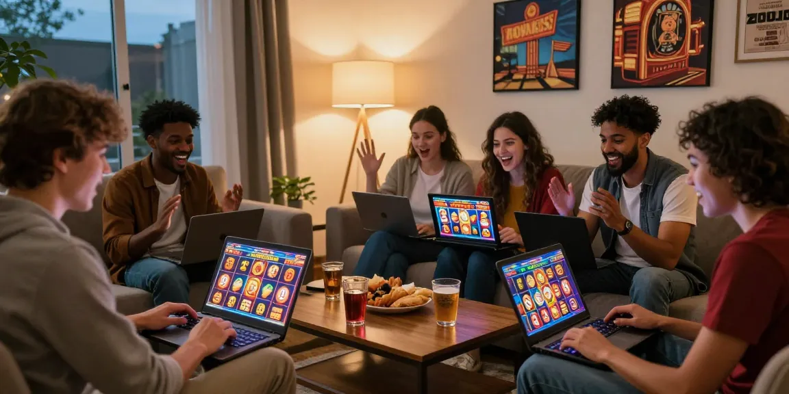 Players enjoying bonus buy slots uk in a cozy home setting, engaged with vibrant online casino gameplay.