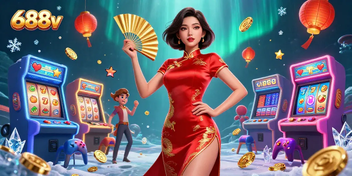 Engage with thrilling slot games at 688v, as vibrant lights and action surround a confident player.