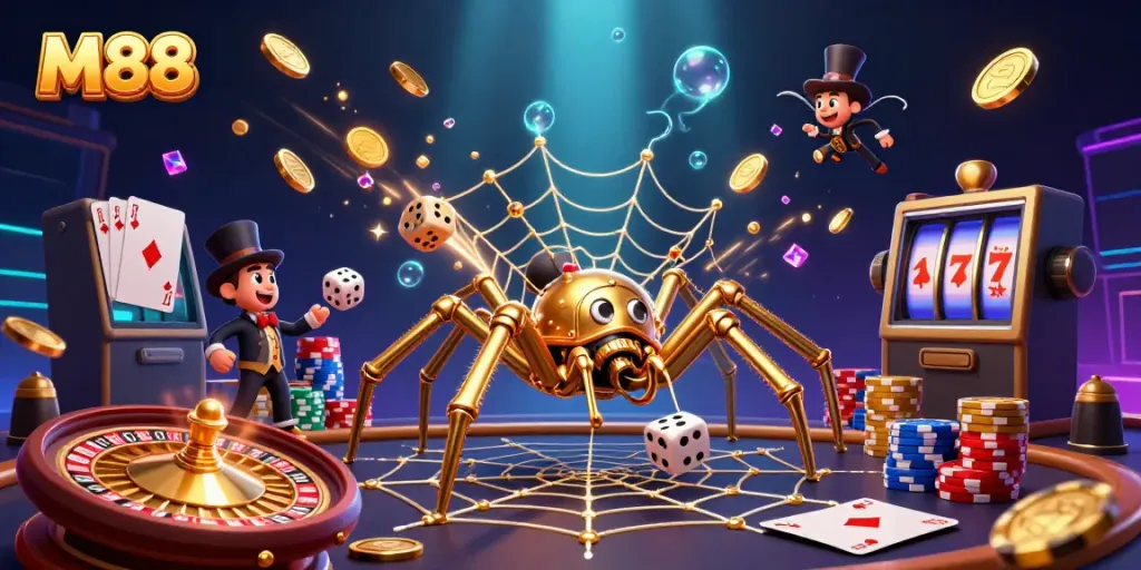 M88-themed illustration of a steampunk spider catching dice, surrounded by casino elements.
