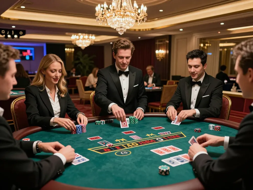Exciting free credit baccarat game in a luxurious casino with live dealer and engaged players.
