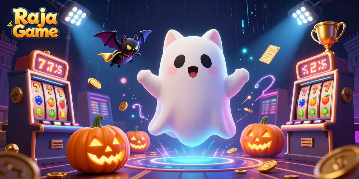Engage in exciting gameplay with Raja Game's colorful ghost cat and vampire bat in a vibrant casino scene.