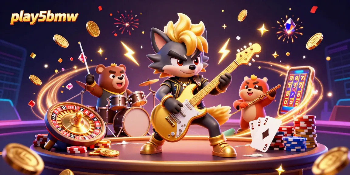 Play5BMW ignites excitement with a cartoon wolf rock star thriving in a vibrant casino environment.